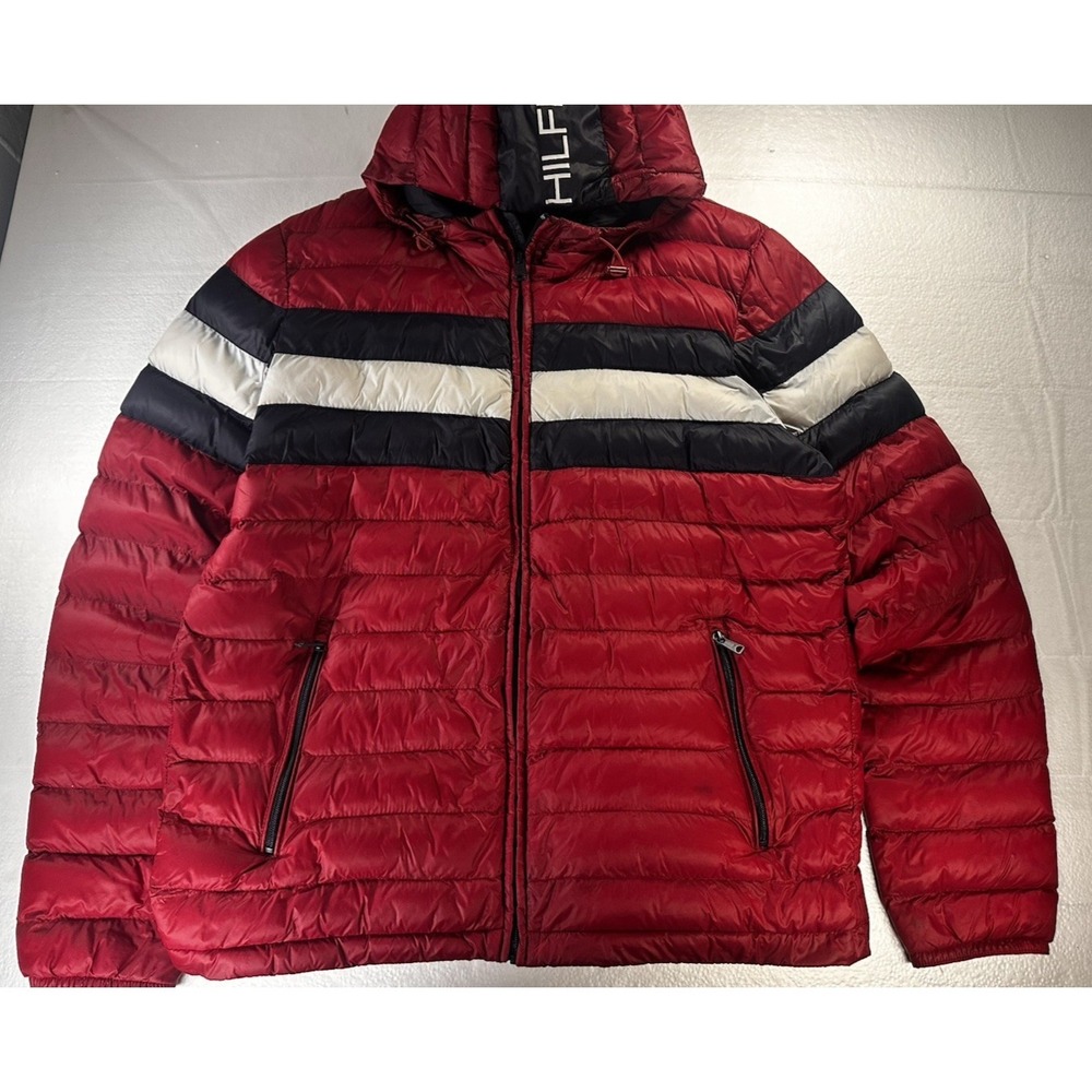 Tommy Hilfiger Jacket Mens L Quilted Colorblock Down Hooded Puffer Coat Jacket